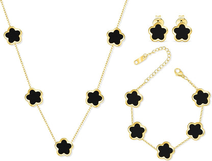 Five Leaf Clover Jewelry Set for Women |18K Gold Plated Bracelet Necklace Earrings | 5 Leaf Lucky Choker and Ear Studs for Mother and Daughter