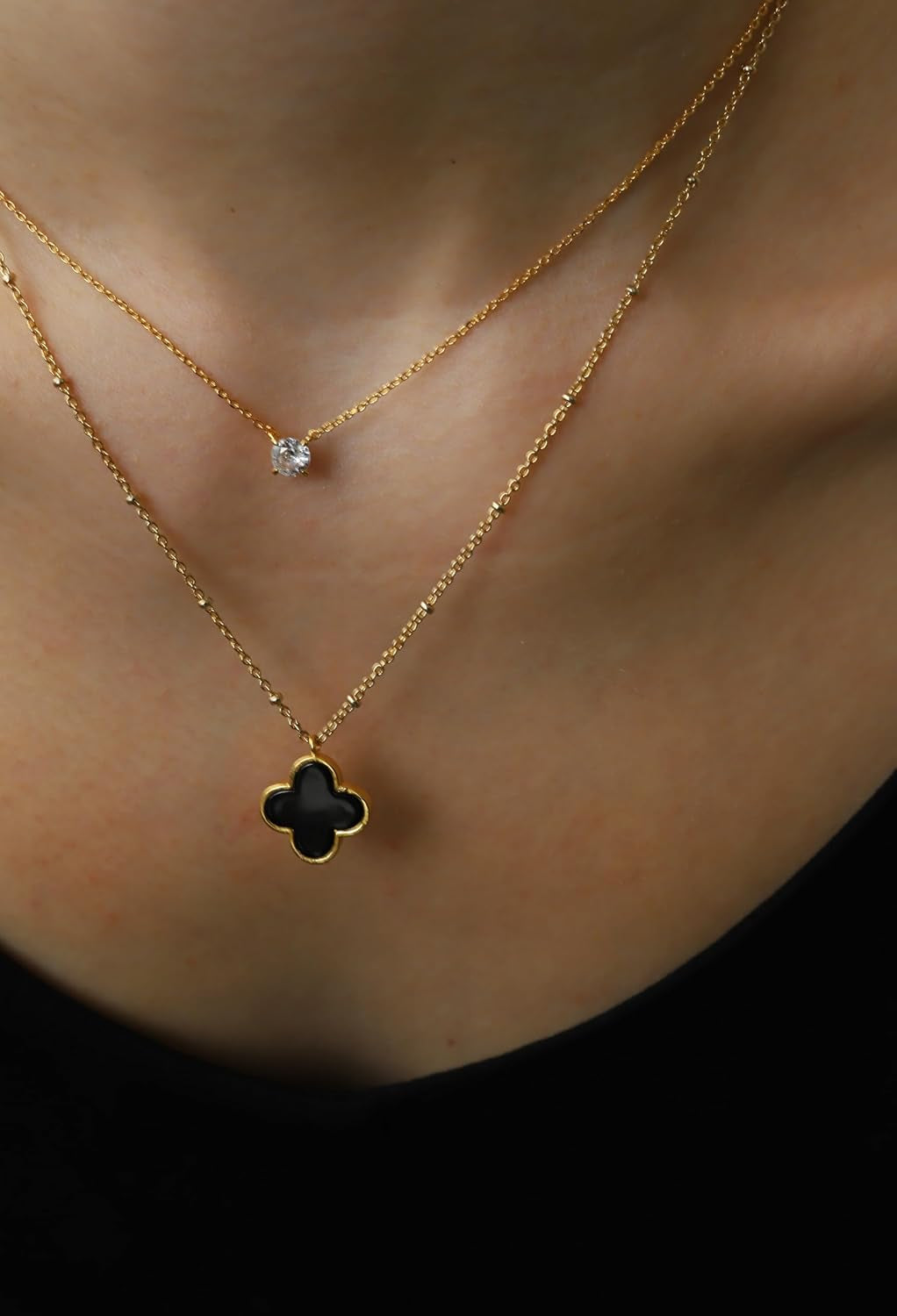 Layered Necklace for Women, 2 Strand Stainless Steel Chains with Clover, Butterfly or Heart Pendant, Dainty Fashion Jewelry Gift