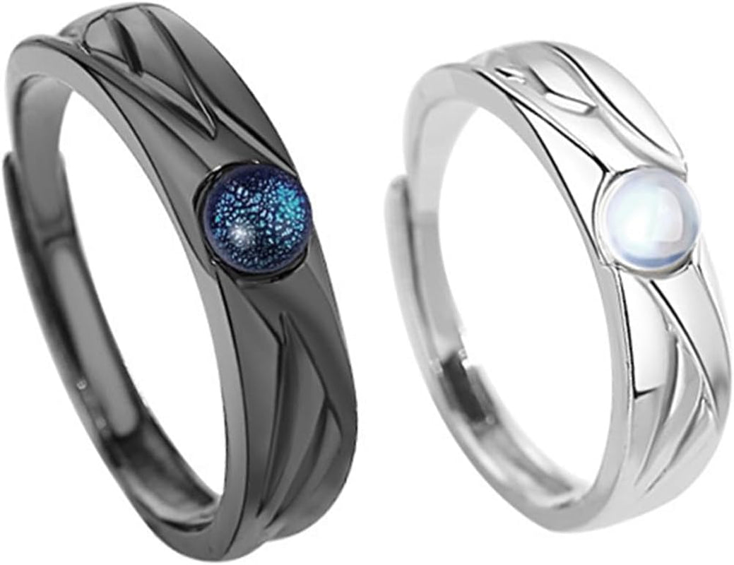 Adjustable silver couple rings showing size flexibility