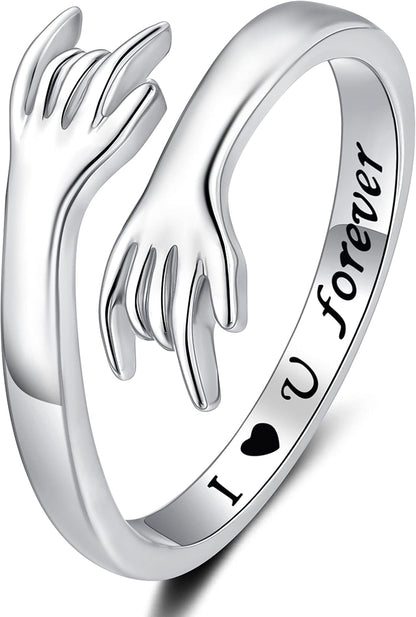 ZOEXUE Hug Rings for Women Sterling Silver - White Gold/18K Gold/Thick and Thin Ring Hugging Rings for Men Rock Hip Pop Hand Band Rings I Love You Forever Hugging Hand Ring Jewelry