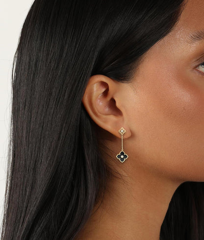 Black Onyx Flower Dangle Drop Earrings for Women in 925 Sterling Silver with Yellow Gold Plating Friction Back by Lavari Jewelers