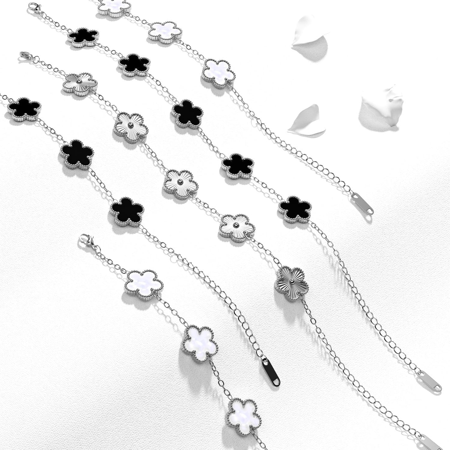 Aicase 18K Gold Plated Clover Bracelet Dupes White/Black/Silver Bracelet Set for Women Flower Leaf Lucky Clover Bracelets Trendy Jewelry Birthday Gifts for Women/Mom/Daughter/Nana/Besties/Friends