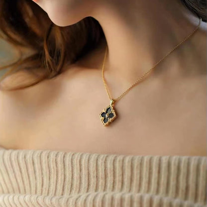 Gold Clover Necklace for Women, Double-Sided Pendant by 18K Gold-Plated Inlaid Natural Stone Pendant Necklace,Turquoise/Malachite/Black Onyx Stone/White Mother of Pearl ,Jewelry Gift for Women