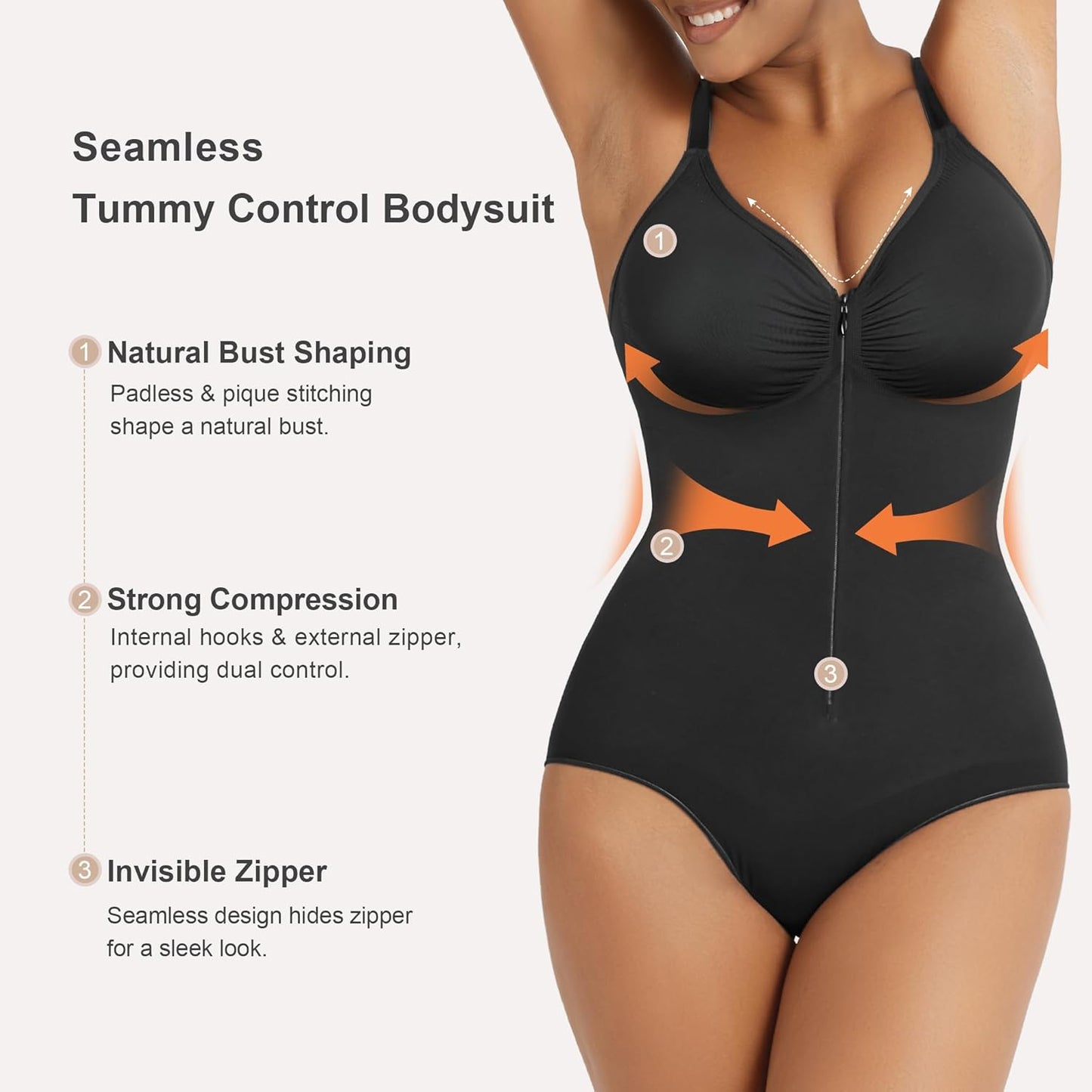 Firm control shapewear bodysuit under clothing demonstration