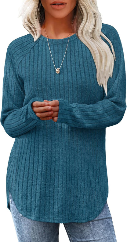 Saloogoe Long Sleeve Shirts for Women Tunic Tops for Women Loose Fit Dressy Crew Neck Pullover Basic Sweaters for Women 2024