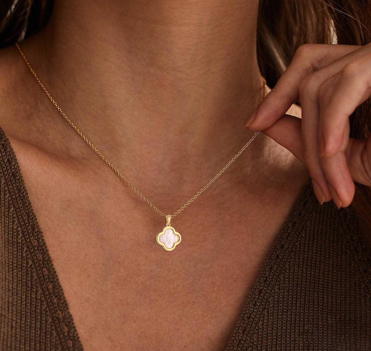 Clover Necklace for Women - 14K Gold Plated Mother of Pearl Four Leaf CZ Pendant Necklace Lucky Charm Jewelry Gifts for Women