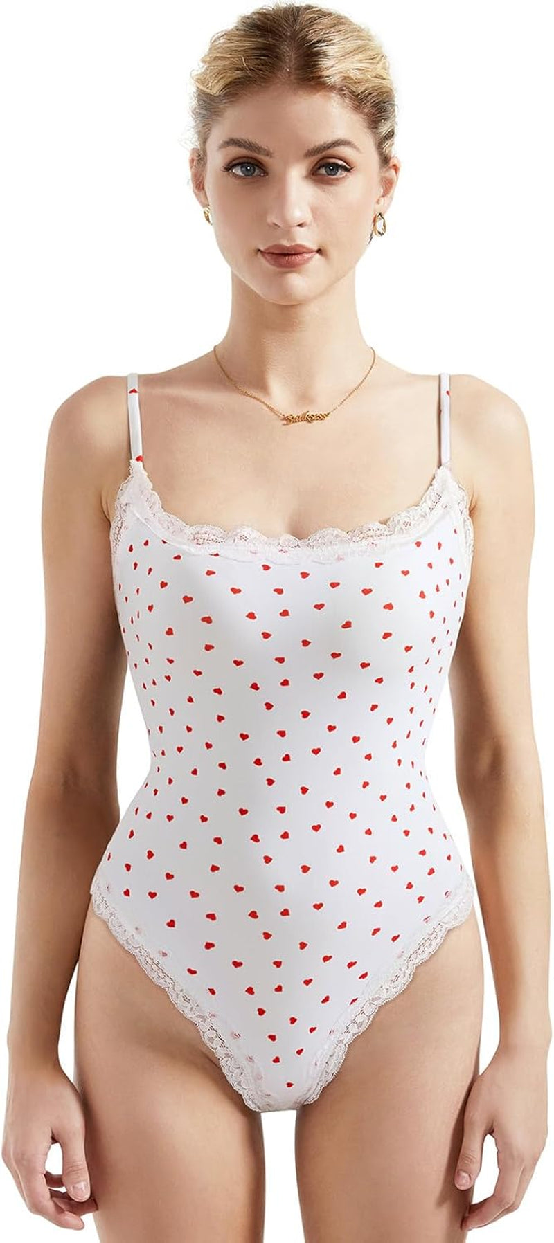 SUUKSESS Women Square Neck Lace Bodysuit Sleeveless Spaghetti Strap Tank Top