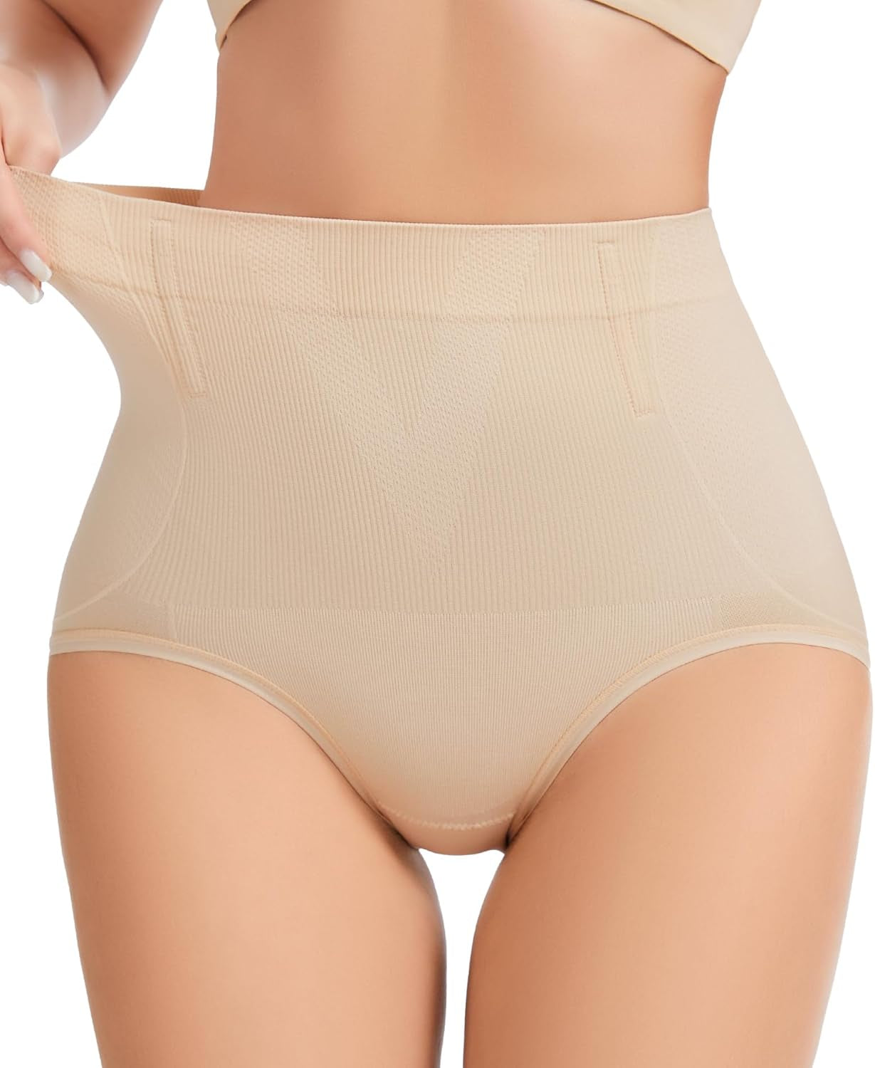 High waisted tummy control shapewear panties in nude color front view