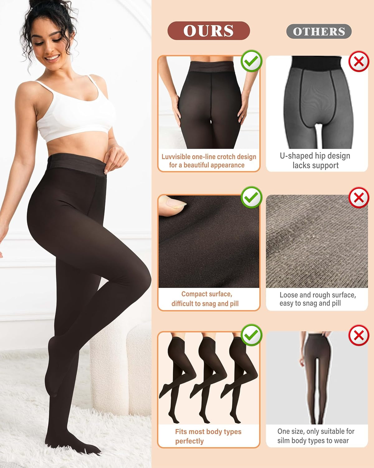 Full body view of high waist fleece lined winter tights on model