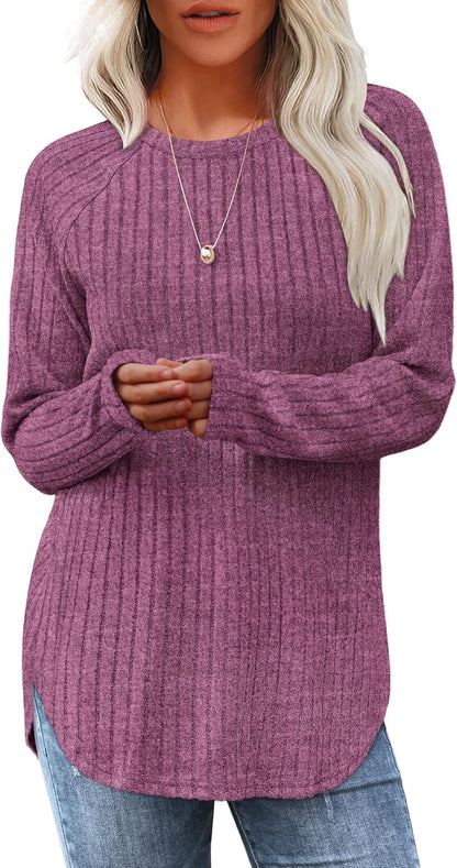 Saloogoe Long Sleeve Shirts for Women Tunic Tops for Women Loose Fit Dressy Crew Neck Pullover Basic Sweaters for Women 2024