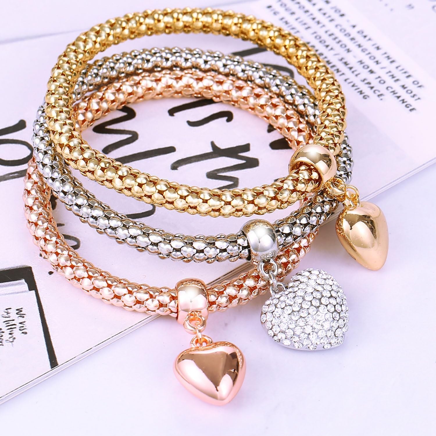 Stretch Bracelets for Women Gold/Silver/Rose Gold Elastic Bracelet Set for Women 3 PCS Stackable Bracelets Multilayer Charm Bracelet Christmas Gifts for Women
