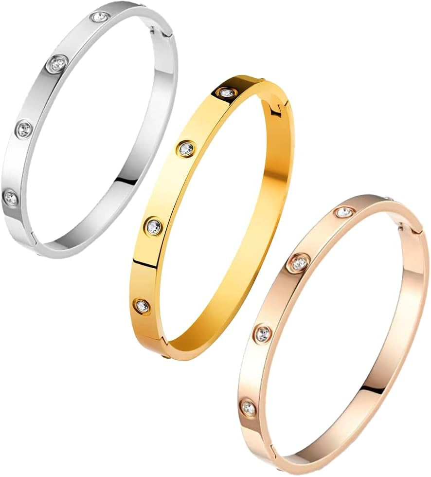 18K Gold Plated Crystal Bracelet Set 4PCS Sister Trio Love Bangle, Silver/Steel/Rose Gold & Adjustable Jewelry