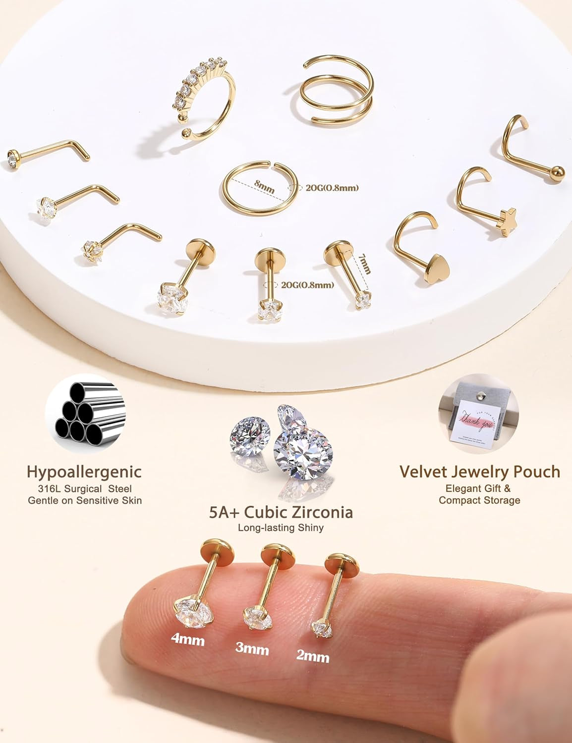 Jerywe Nose Rings for Women - 14K Gold Filled Hypoallergenic Surgical Steel Nose Ring Hoops CZ Lip Ring Screw L Shaped Studs Threadless Flat Back Stud Nose Piercings Jewelry for Women Men
