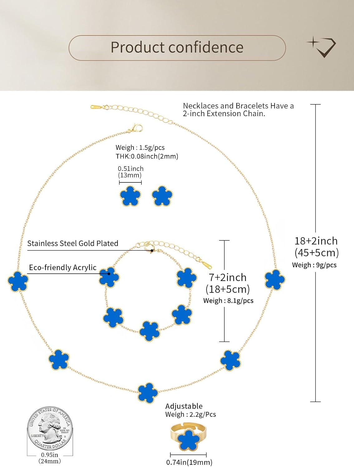 Gold Plated Five Leaf Clover Necklace Bracelet Rings and Stud Earrings Set for Women Lucky Flower Jewelry