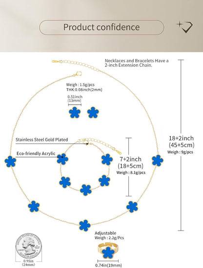 Gold Plated Five Leaf Clover Necklace Bracelet Rings and Stud Earrings Set for Women Lucky Flower Jewelry