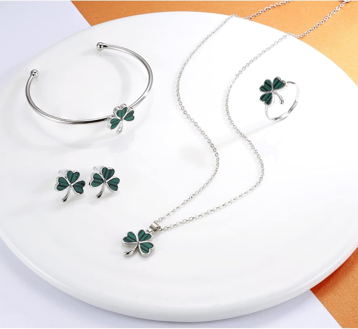 Shamrock St. Patrick'S Day Necklace Earrings Ring Bracelet Jewelry Set Green Three Leaf Heart Clover Jewelry Gift for Women