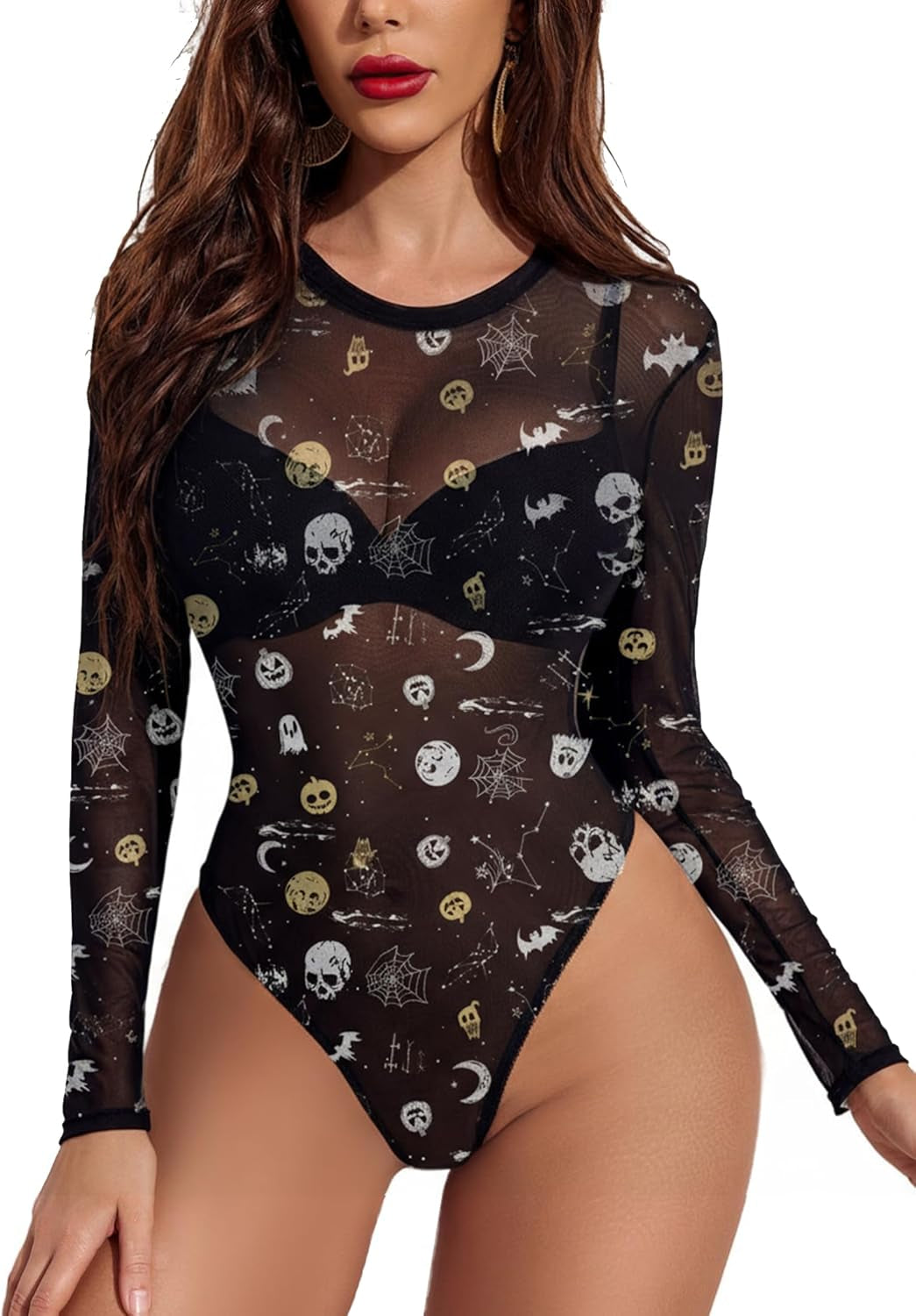 Avidlove Womens Mesh Long Sleeve Bodysuit round Neck Sheer Leotards Geo Print Bodysuit Top with Snap Crotch