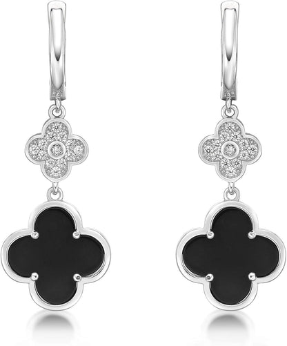 Lavari Jewelers Flower Dangle Drop Earrings for Women - Black Onyx Green Malachite or Mother of Pearl & Cubic Zirconia in 925 Sterling Silver Clover - Hypoallergenic Gold Plated - Secure Hinge Post