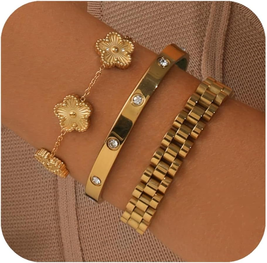 18K Gold Clover Bracelet for Women - Stackable Crystal Love Bangle & Friendship Link Bracelets, Non-Tarnish Stainless Steel Trendy Jewelry Gift with Adjustable Tool