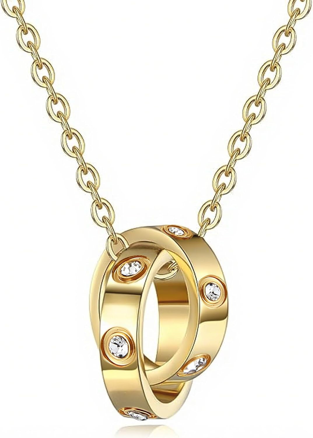 18K Gold-Plated Interlocking Circles Love Necklace for Women, Adjustable Stainless Steel Silver Pendant Necklace, Unique Gifts for Women on Birthday Christmas Valentines