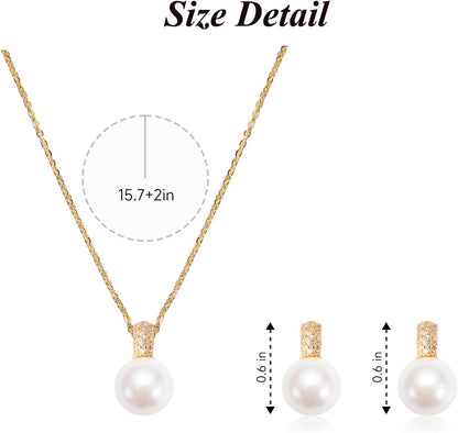Classic Pearl Jewelry Set for Women – Elegant Pearl Necklace and Earrings Set with 14K Gold Plated Silver Chain Jewelry Perfect as Special Occasion Gift