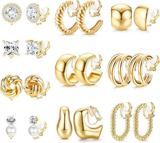 FIBO STEEL 10 Pairs Clip on Earrings for Women Non Pierced Ears CZ Pearl Knot Twist Chunky Hoop and Studs Earring Set Ear Clips Jewelry 14K Gold Plated