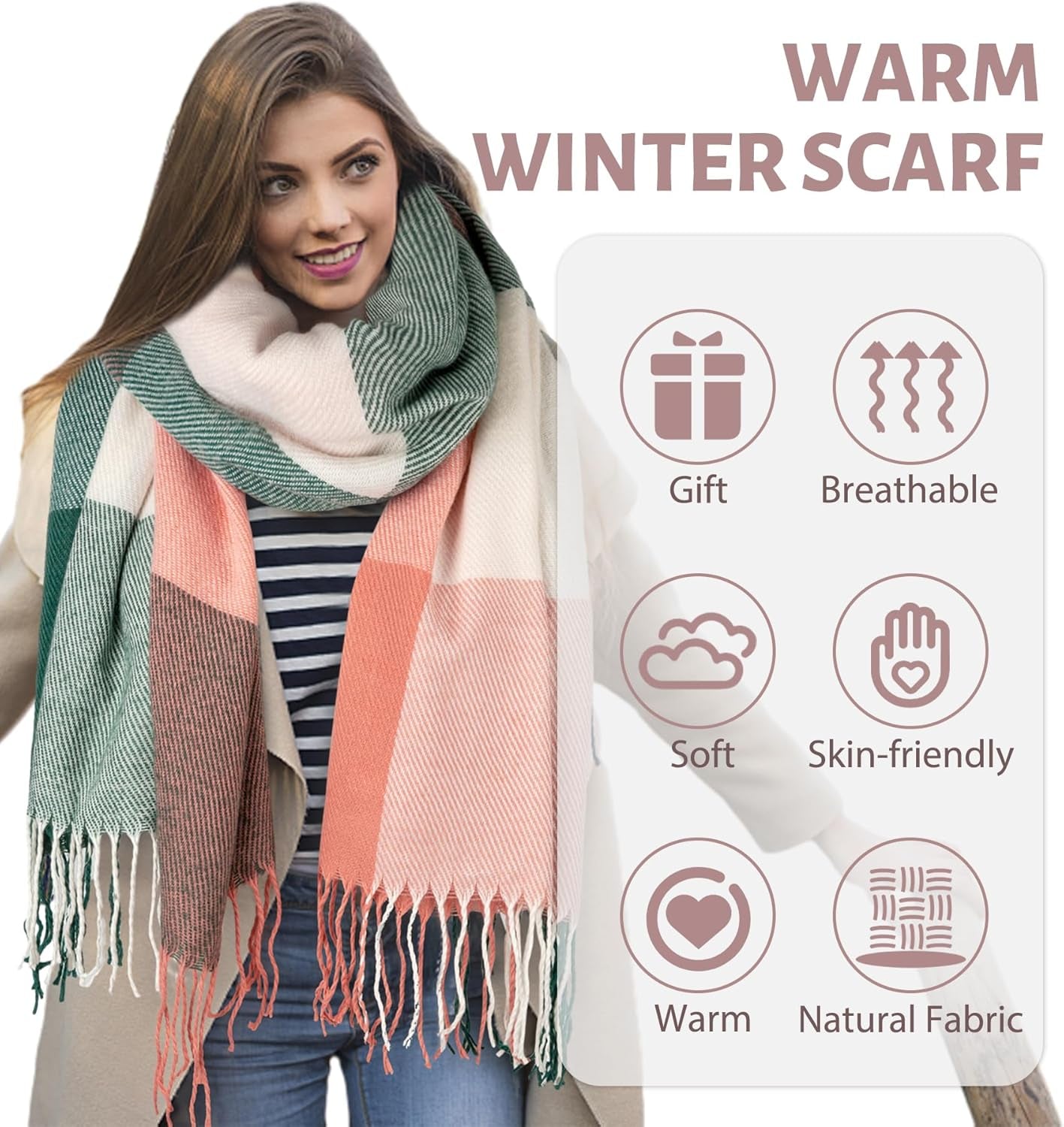 Ysense Winter Scarf for Women, Fashion Long Plaid Scarves Warm Big Tartan Blanket Wrap Shawl Ladies Gifts