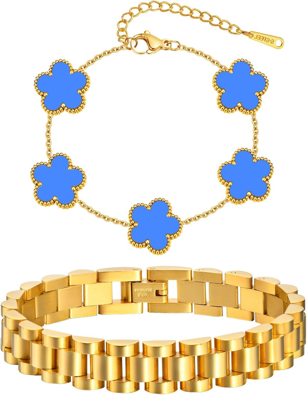 Stackable Gold Floral Bracelets Set , 2Pcs 18K Gold Plated Bracelet Non-Tarnish,Stainless Steel Link Chain Friendship Bracelet,Watch Band Trendy Jewelry,Christmas Valentines Birthday Gifts for Women