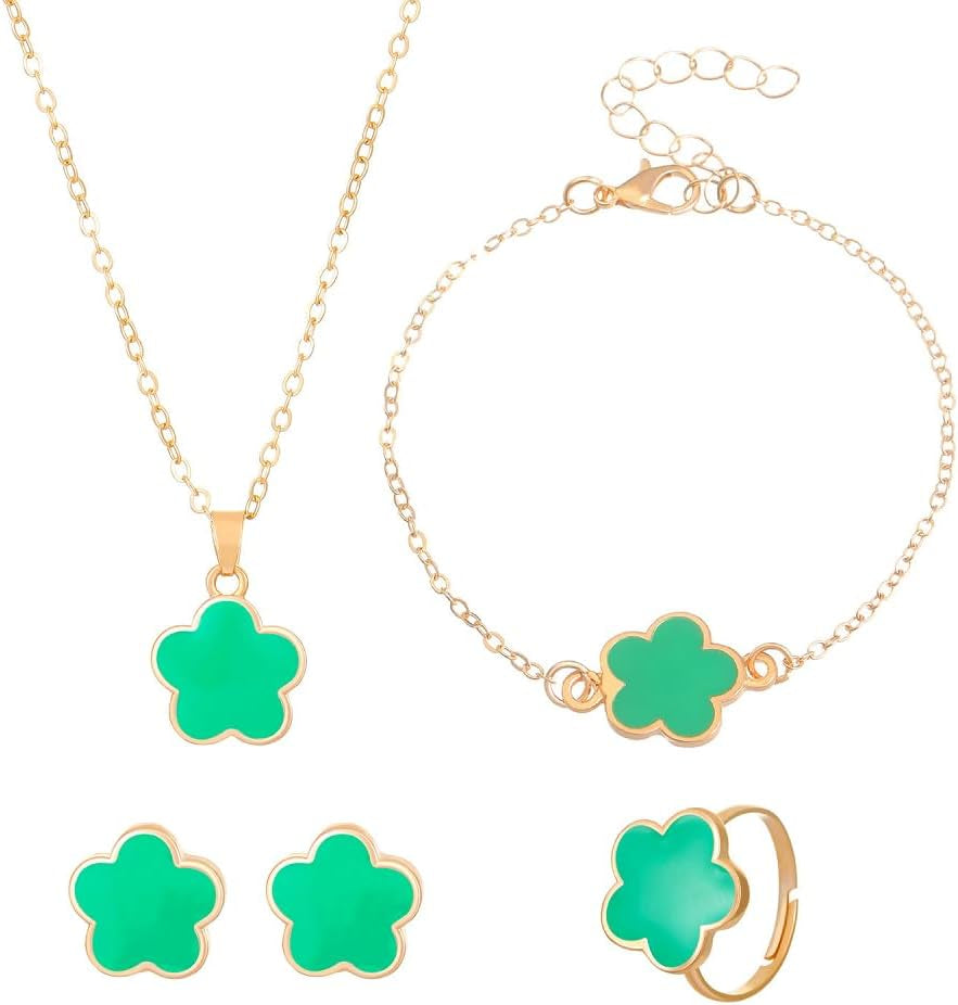 Caiyao Multicolor Five-Leaf Clover Blossom Flower Earrings Necklace Bracelet and Ring Set Lucky Five-Leaf Blossom Flower Jewelry Set for Women