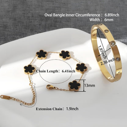 18K Gold Plated Lucky Clover Bracelet and Friendship Love Bangle Bracelets Set for Women Girlfriend Gold Cubic Zirconia Bracelet Set, Christmas Valentines Wedding Birthday Gifts