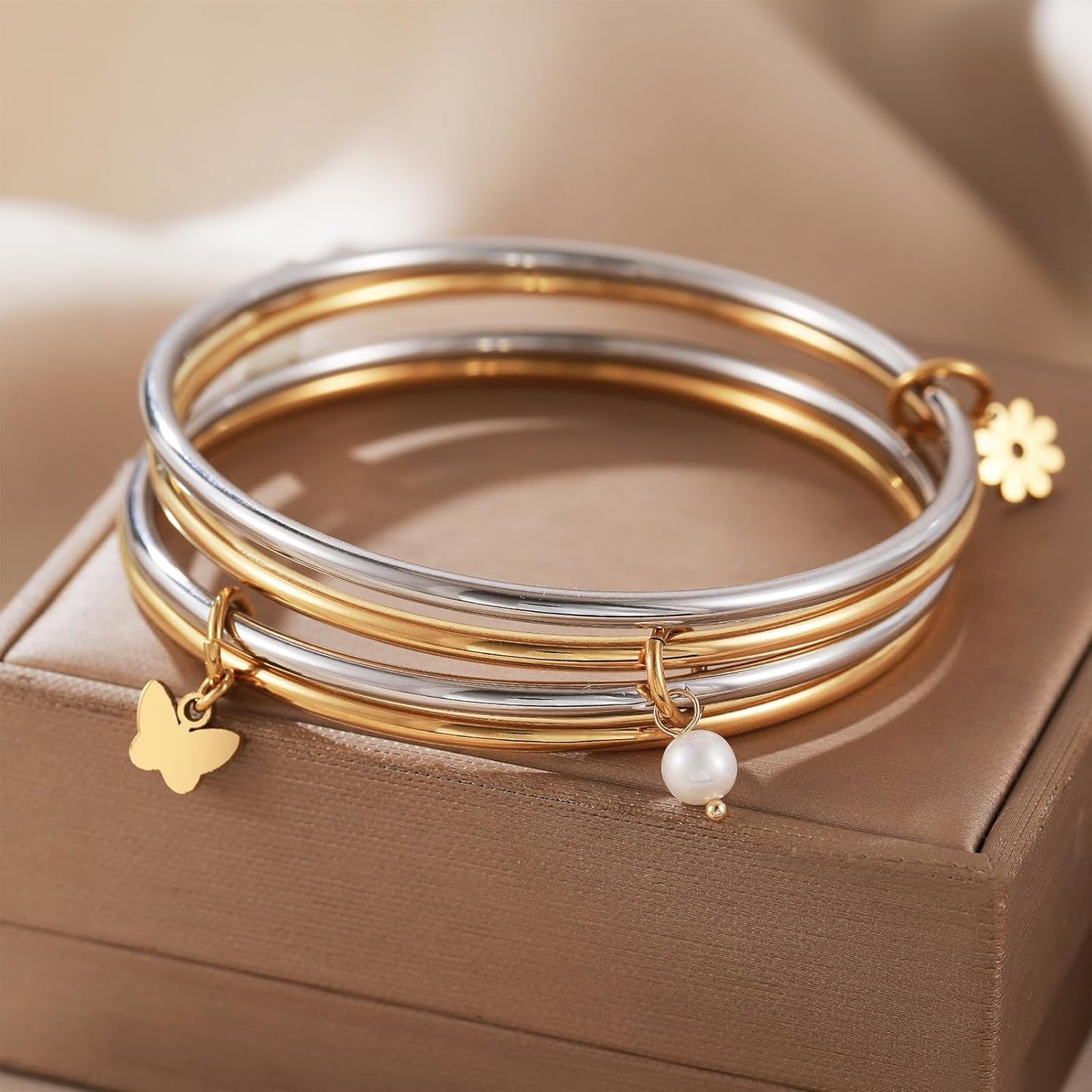 DS Bangle Bracelets for Women 18K Gold Plated Stainless Steel Layering Glossy Stackable Thin round Wire Cuff Bangle Bracelets Dainty Solid Polished Bracelet Minimalist Jewelry Best Gifts for Love