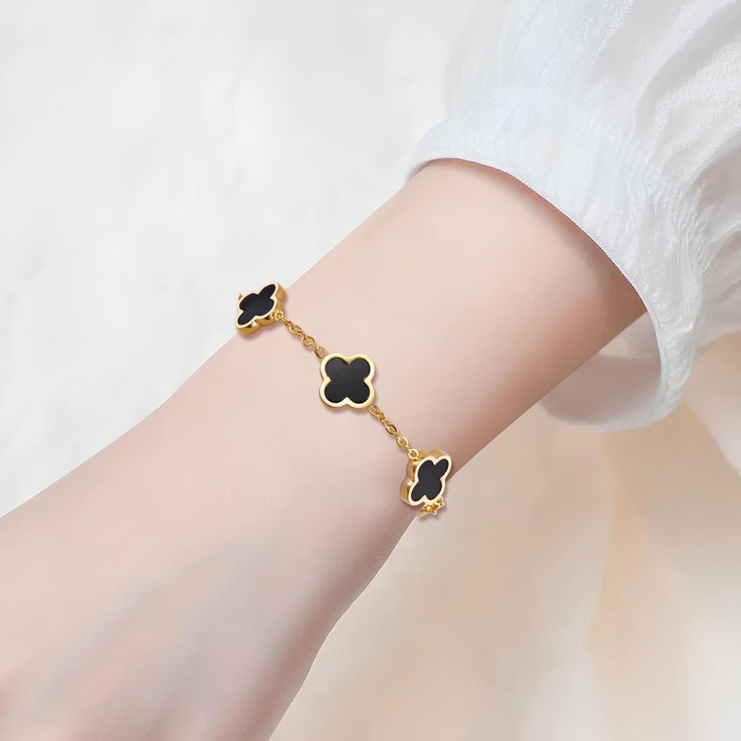 18K Gold Plated Lucky Clover Jewelry Set Black White and Red Four Leaf Clove Bracelet Necklace and Earrings Fashion Birthday Gifts for Women