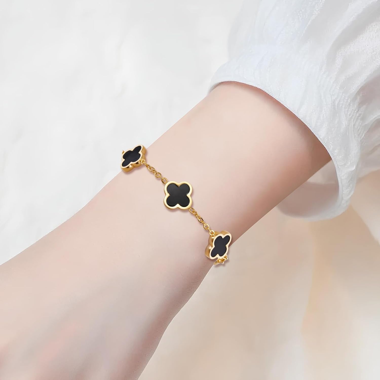 18K Gold Plated Lucky Clover Jewelry Set Black White and Red Four Leaf Clove Bracelet Necklace and Earrings Fashion Birthday Gifts for Women