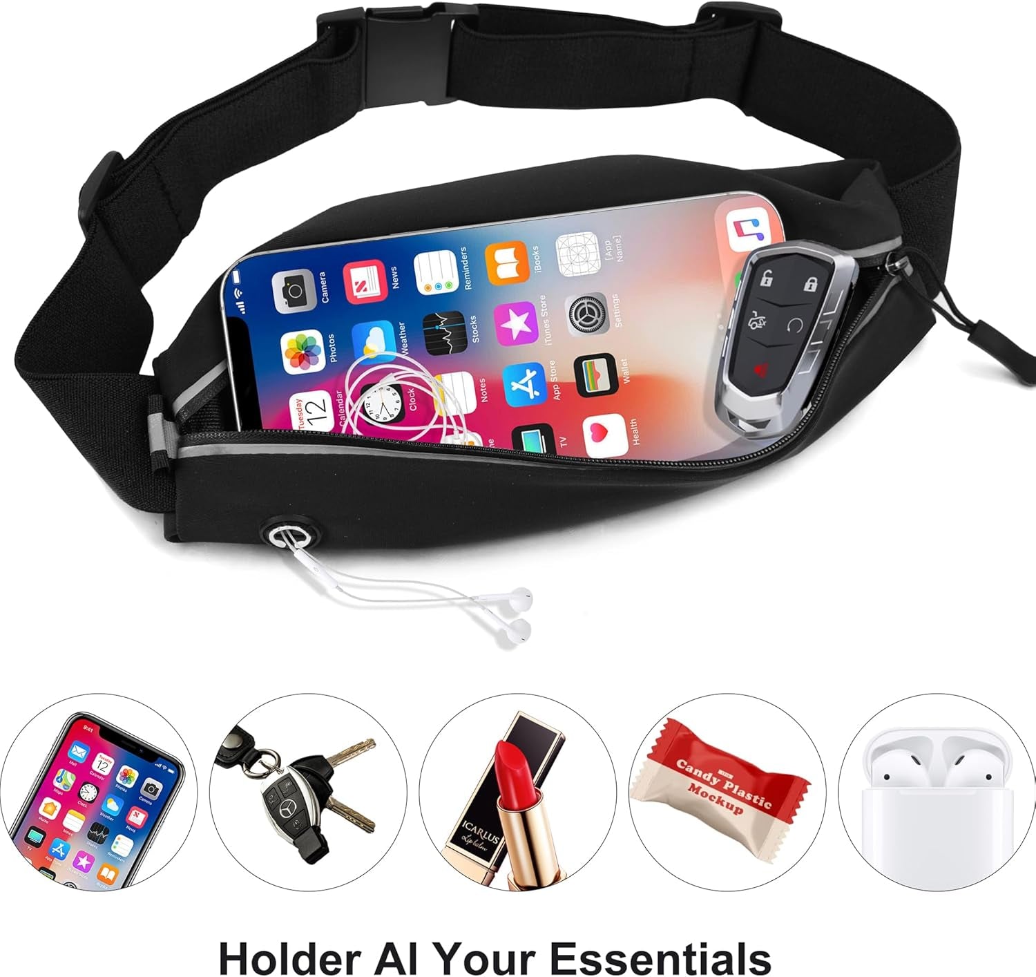 Slim waist pack phone holder showing multiple storage compartments