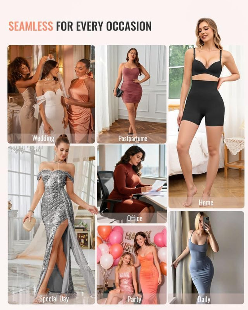 Shapewear shorts worn under dress creating invisible seamless line
