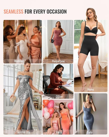 Shapewear shorts worn under dress creating invisible seamless line