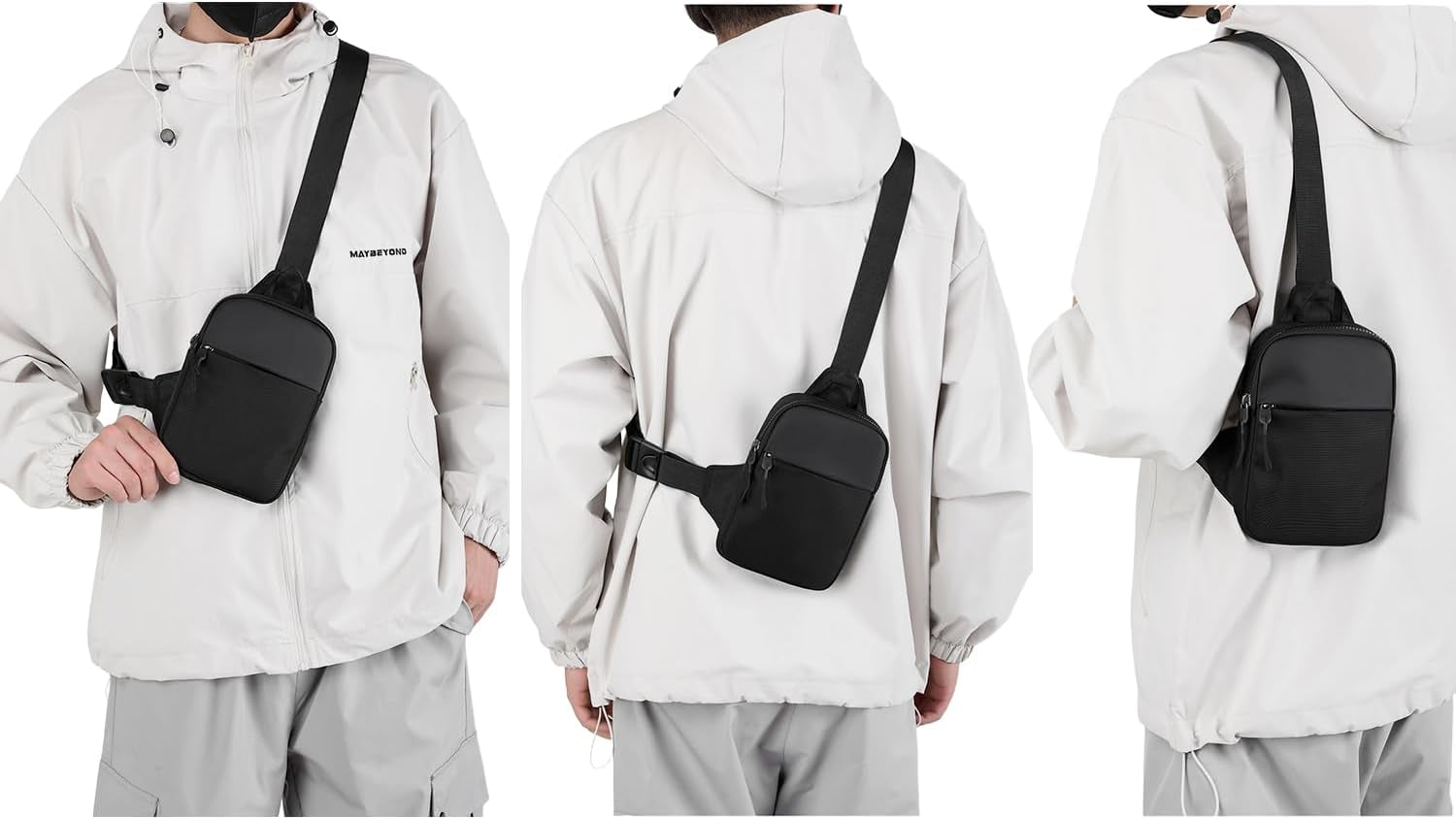 Black waist pack worn across body for hands-free carry