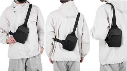 Black waist pack worn across body for hands-free carry