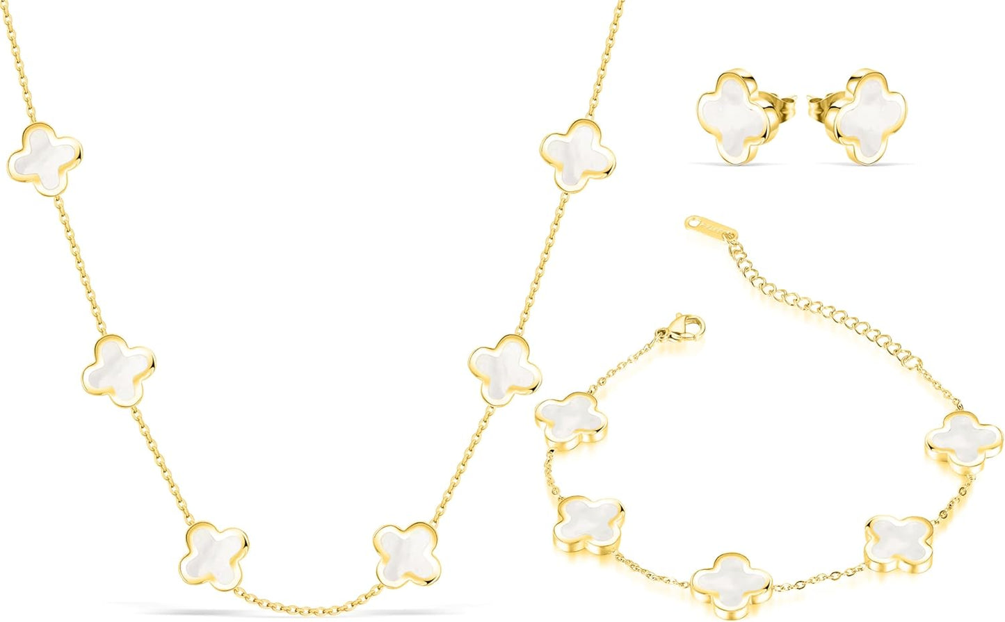 Four Leaf Clover Necklace Bracelet Earring Set for Women | 18K Gold Plated 4 Leaf Lucky Jewelry