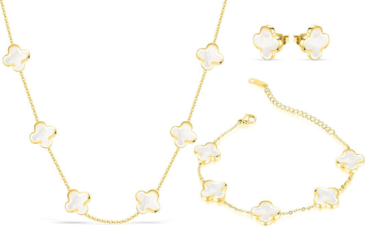 Four Leaf Clover Necklace Bracelet Earring Set for Women | 18K Gold Plated 4 Leaf Lucky Jewelry