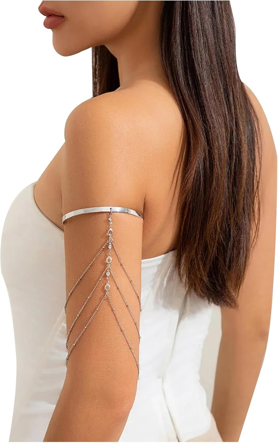 Simple Crystal Bead Tassel Upper Arm Chain Bracelet Multi-Layered Bikini Armlet Rhinestone Adjustable Open Arm Cuff Bangle Bracelets Summer Beach Body Jewelry for Women