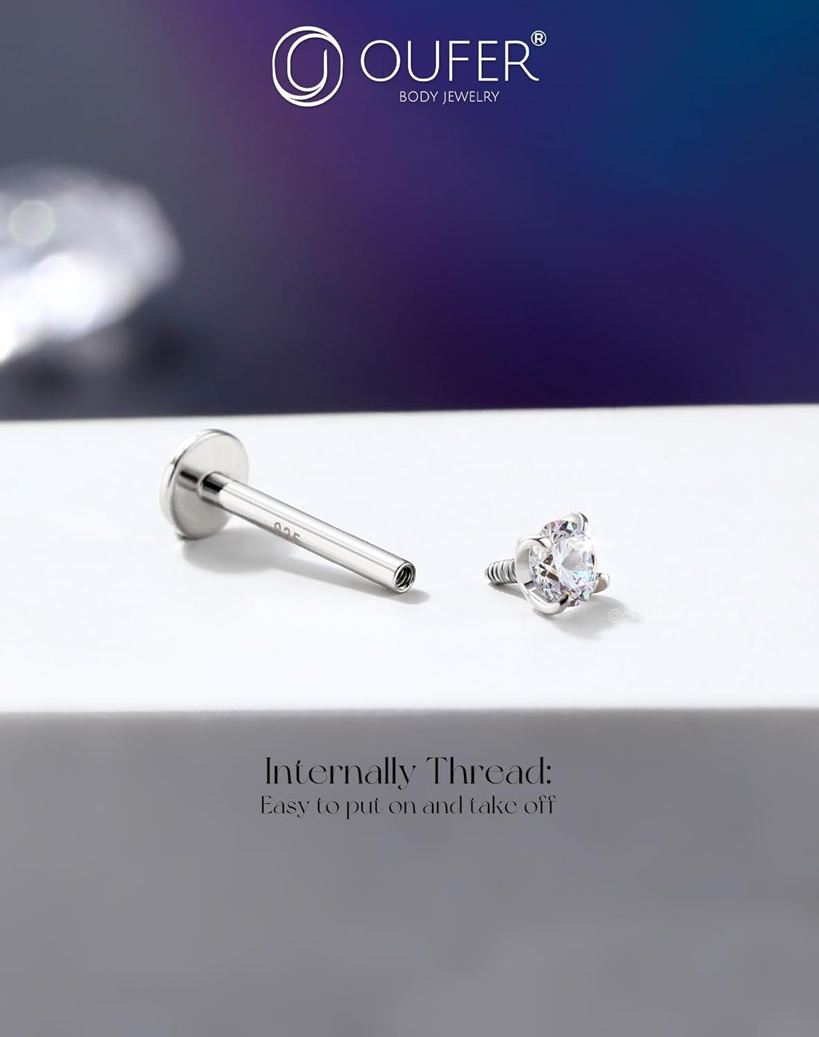 OUFER 925 Sterling Silver Flat Back Earrings, Clear CZ 16G Helix Piercing Jewelry, Silver Internally Threaded Cartilage Earrings Stud, Silver Lip Labret Rings for Women