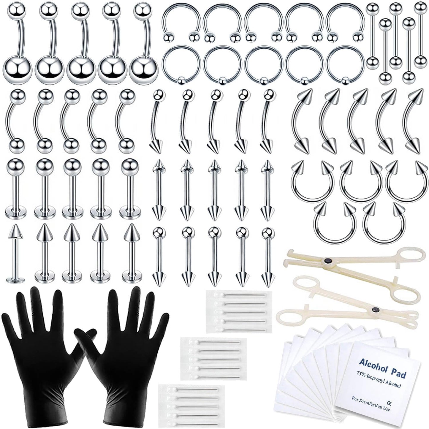 A-Minusone 84PCS Body Septum Piercing Kit 14G 16G Tools for Nose Tongue Lip Ear Eyebrow Belly Button Cartilage Tragus Industrial Barbell Helix Daith Piercing Jewelry Clamps