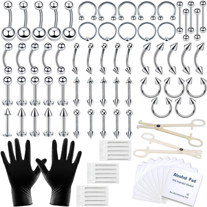 A-Minusone 84PCS Body Septum Piercing Kit 14G 16G Tools for Nose Tongue Lip Ear Eyebrow Belly Button Cartilage Tragus Industrial Barbell Helix Daith Piercing Jewelry Clamps