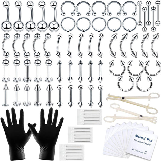 A-Minusone 84PCS Body Septum Piercing Kit 14G 16G Tools for Nose Tongue Lip Ear Eyebrow Belly Button Cartilage Tragus Industrial Barbell Helix Daith Piercing Jewelry Clamps