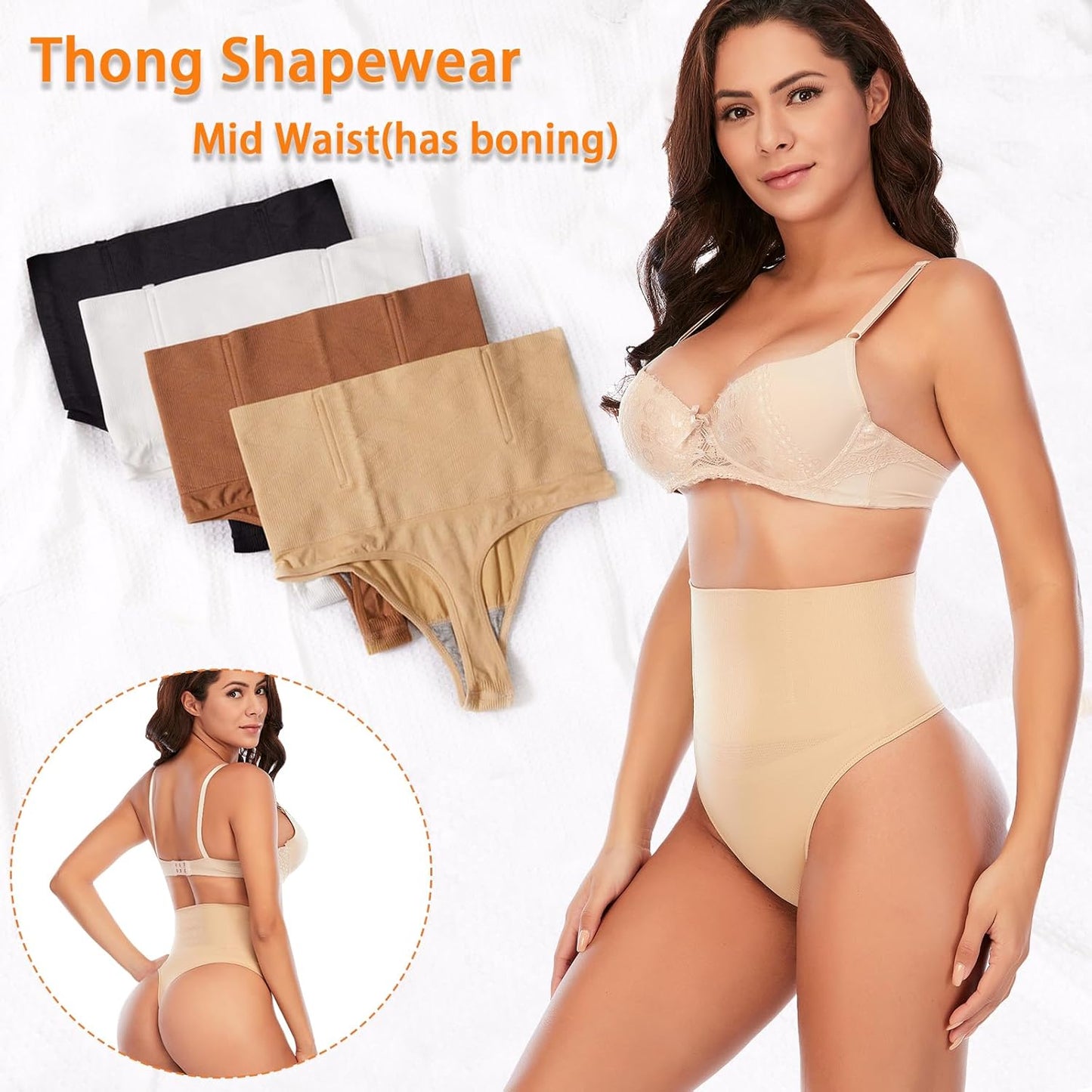 Woman wearing tummy control thong body shaper demonstrating smooth waistline