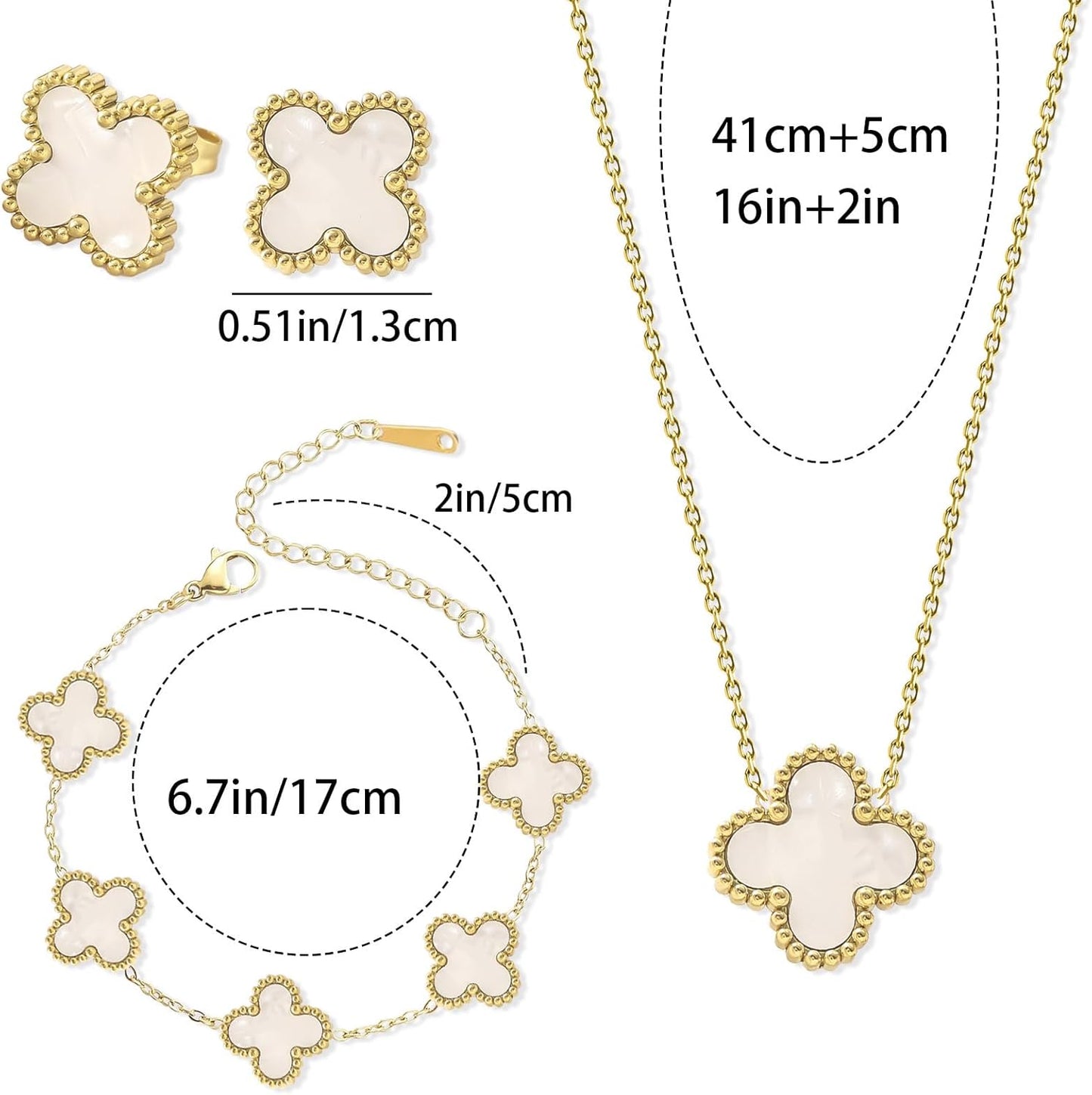 White Clover Jewelry Set for Women 18K Gold Plated Lucky Four Leaf Clover Necklace, Floral Link Chain Bracelet Elegant Earrings Romantic Charm Gift Set for Mom, Wife, Daughter, Girlfriend, Her