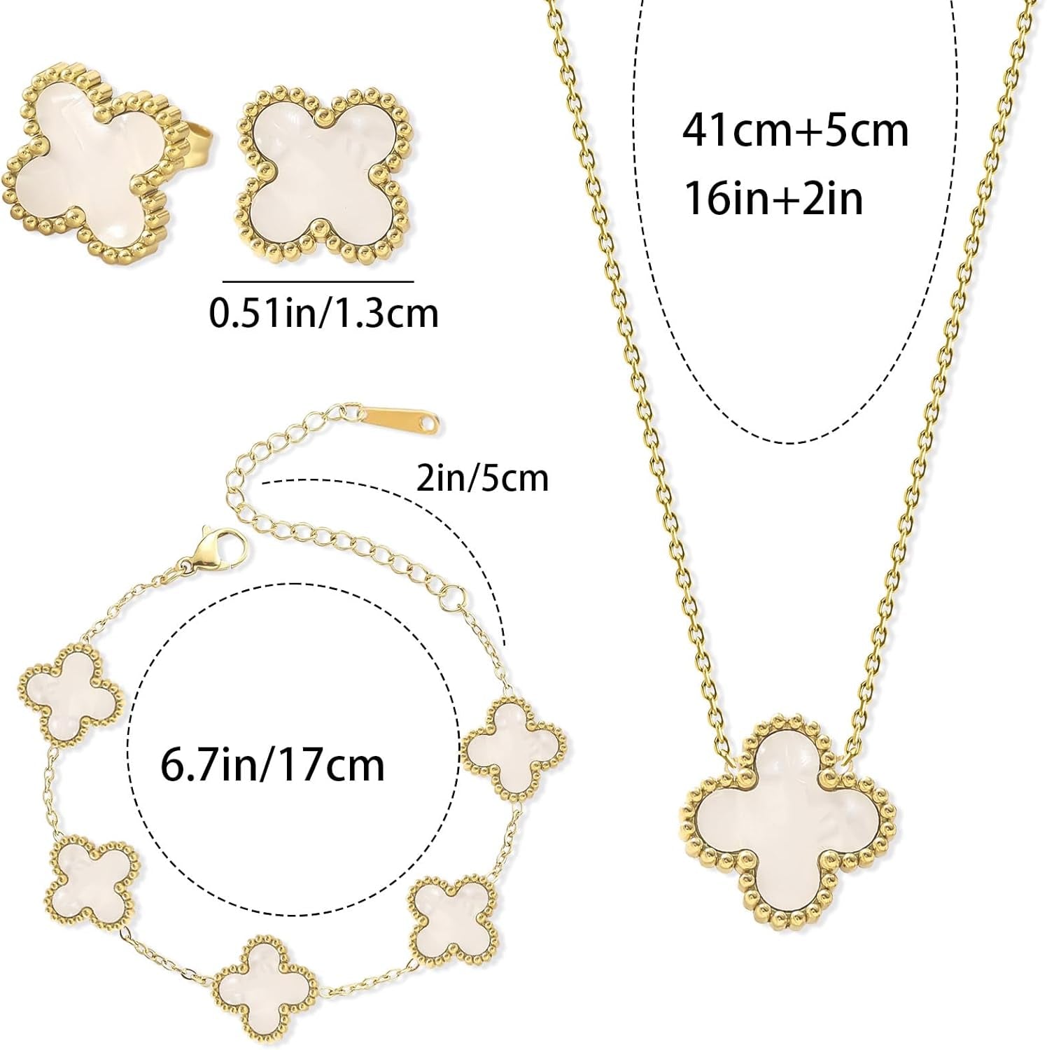 White Clover Jewelry Set for Women 18K Gold Plated Lucky Four Leaf Clover Necklace, Floral Link Chain Bracelet Elegant Earrings Romantic Charm Gift Set for Mom, Wife, Daughter, Girlfriend, Her