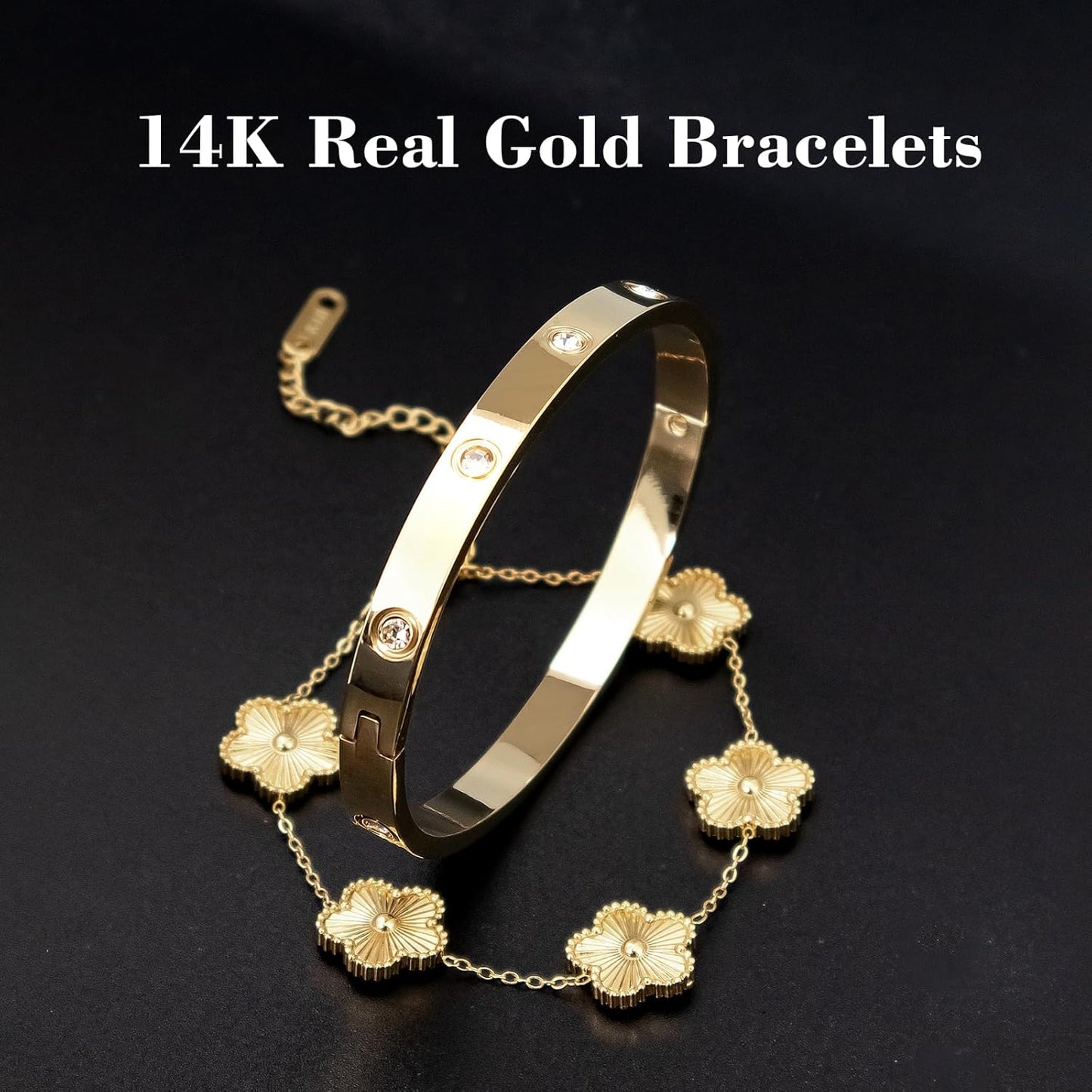 Three-piece gold bangle set stacked on wrist
