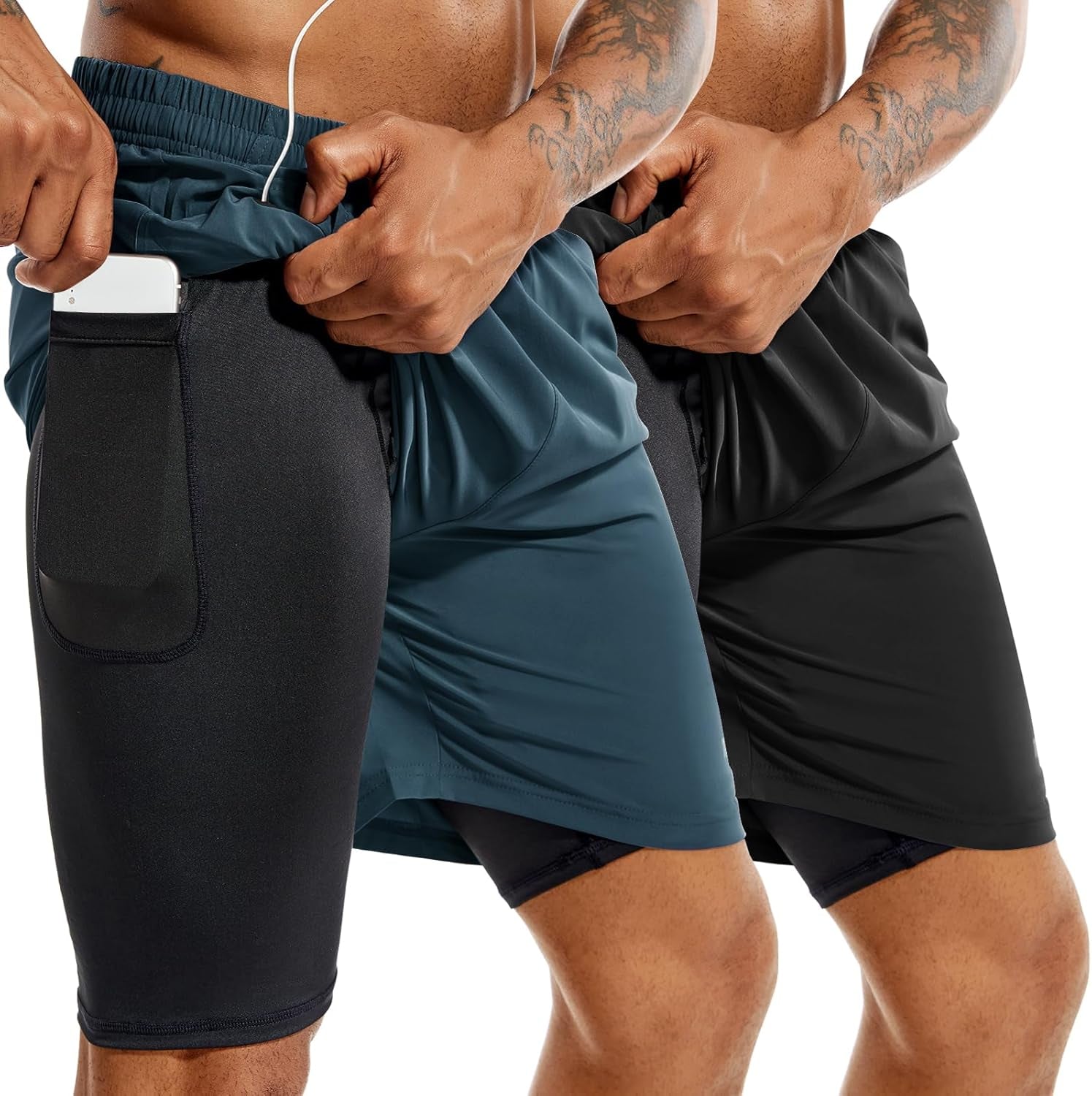 TENJOY Men'S 2 in 1 Running Shorts 5 in or 7 in Quick Dry Gym Athletic Workout Shorts for Men with Phone Pockets
